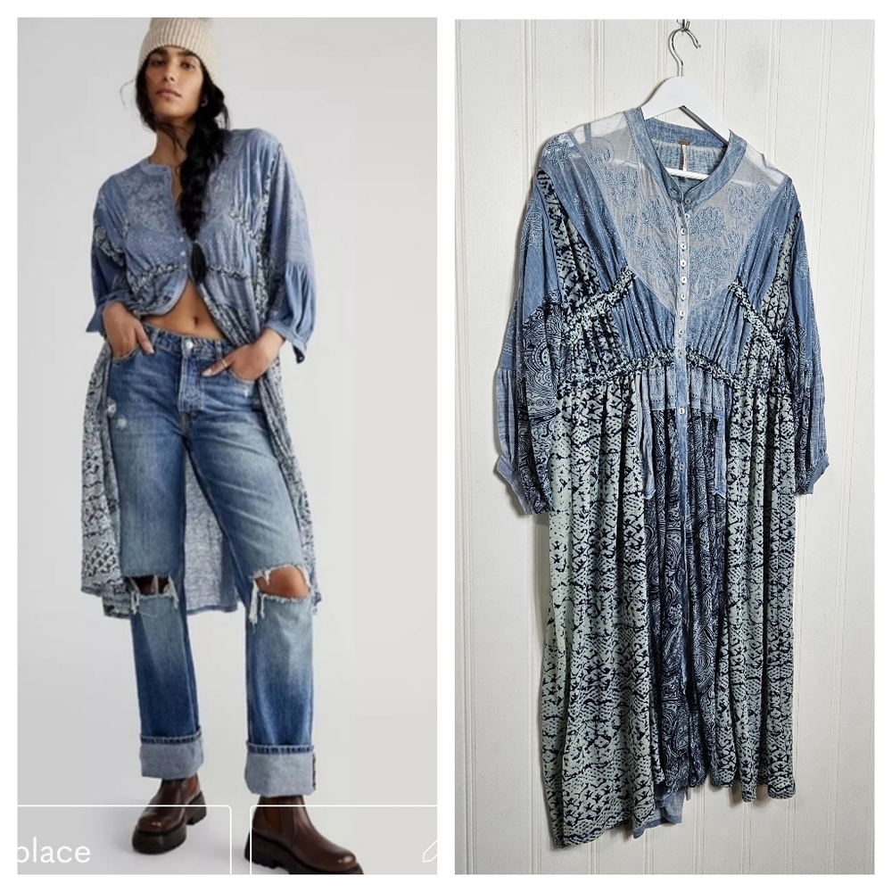 Free People Oh My Indigo Patchwork Duster Midi Dress XS Boho Kimono Prairie